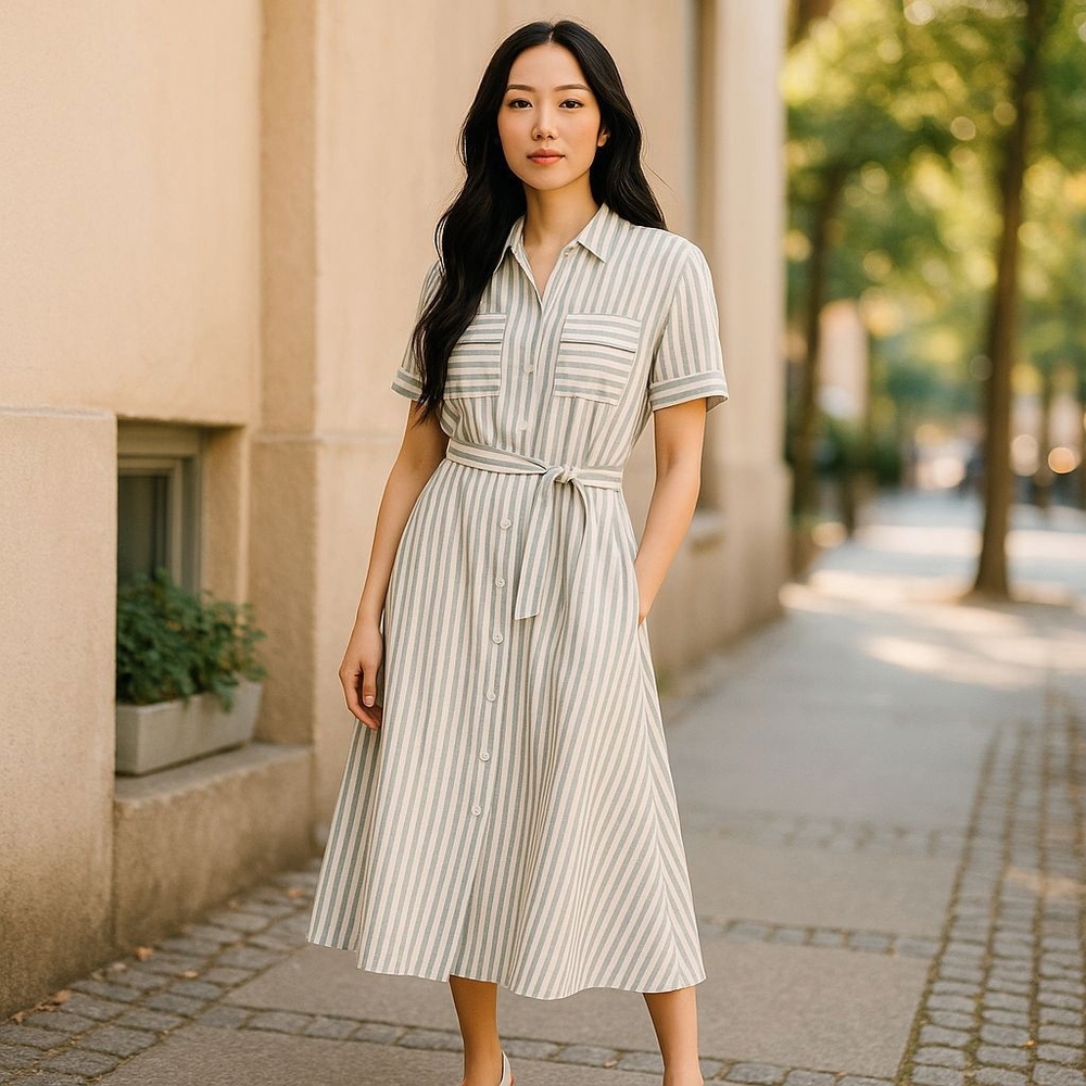 T Tahari Women's Striped Belted Shirtdress – Green, Size 10 | Classic Nautica - Picture 2 of 6